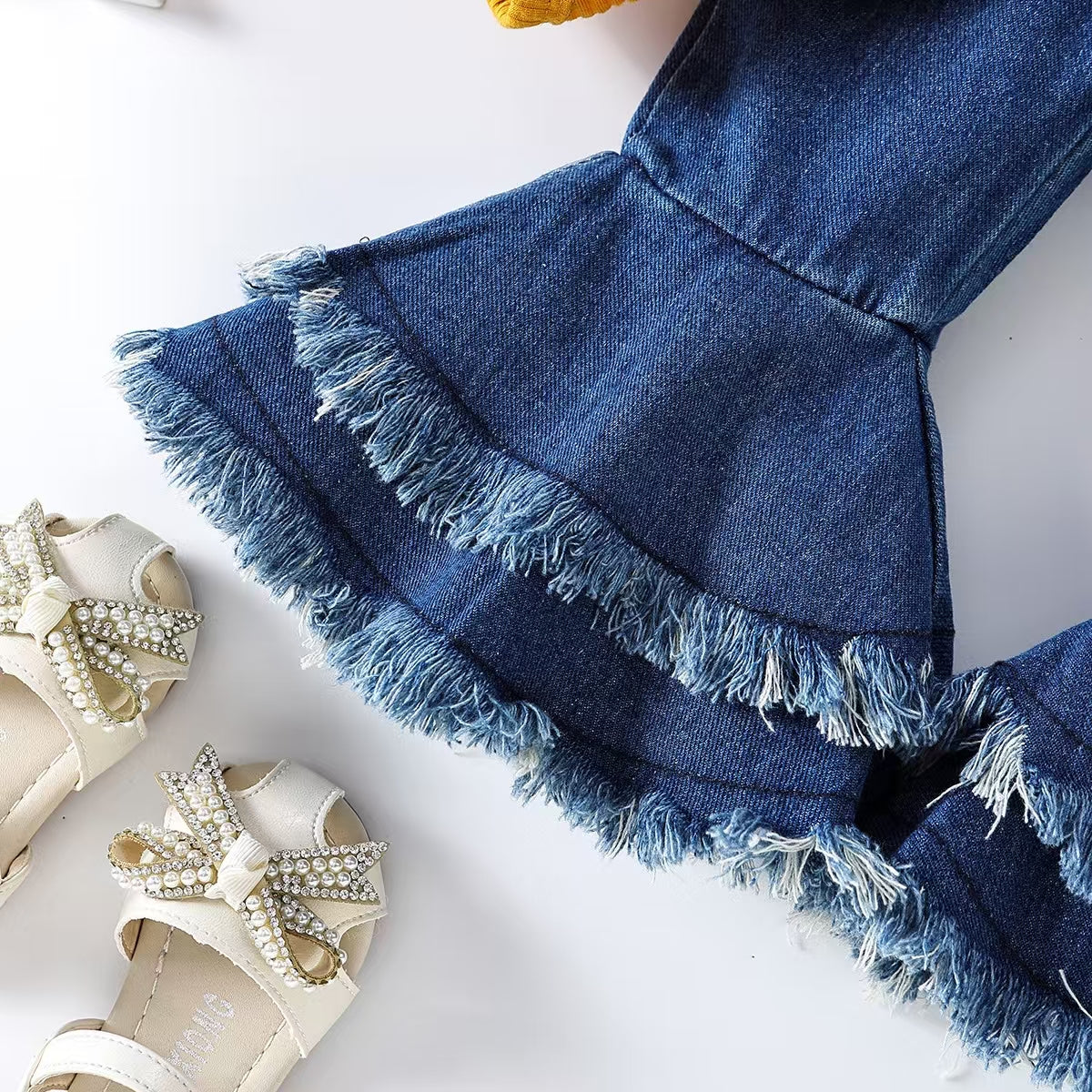 Baby Girl Ruffle Lace Romper & Fringed Flare Jeans Set with Headband(0-24M)