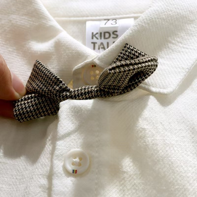 Baby Boy Gentleman Outfit Set Long Sleeve Shirt Houndstooth Suspenders Pants with Bowtie