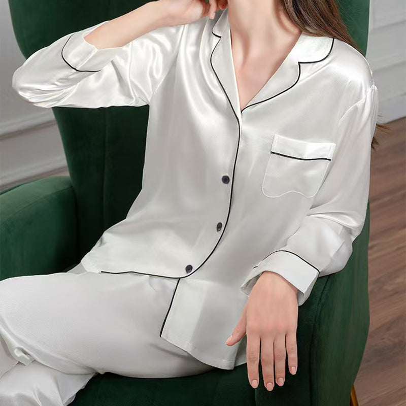 Women's Silk Satin Long Sleeve Pajama Set - Button-Down Sleepwear & Pants Loungewear