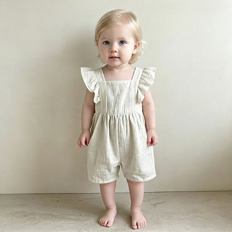 Baby Girl Ruffled Flutter Strap Linen Romper - Cute Summer Play-Suit