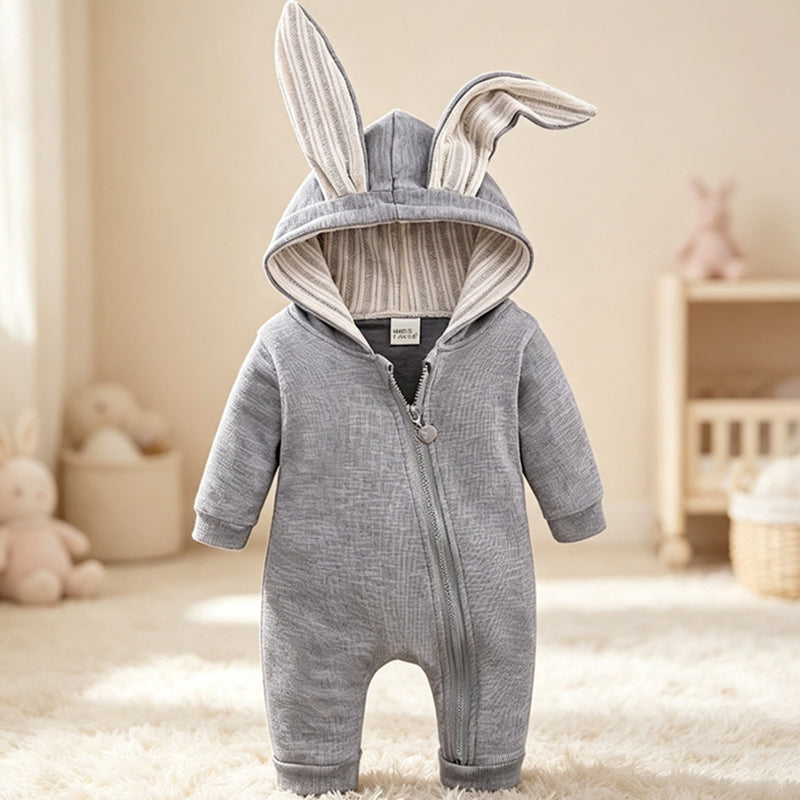 Baby Bunny Ear Hooded Romper - Long Sleeve Zippered Cotton Jumpsuit