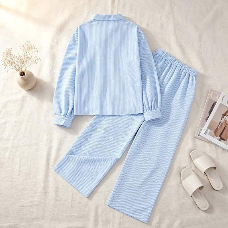 Girls Ribbed 2-Piece Lounge Set - Button-Down Shirt & Wide-Leg Pants