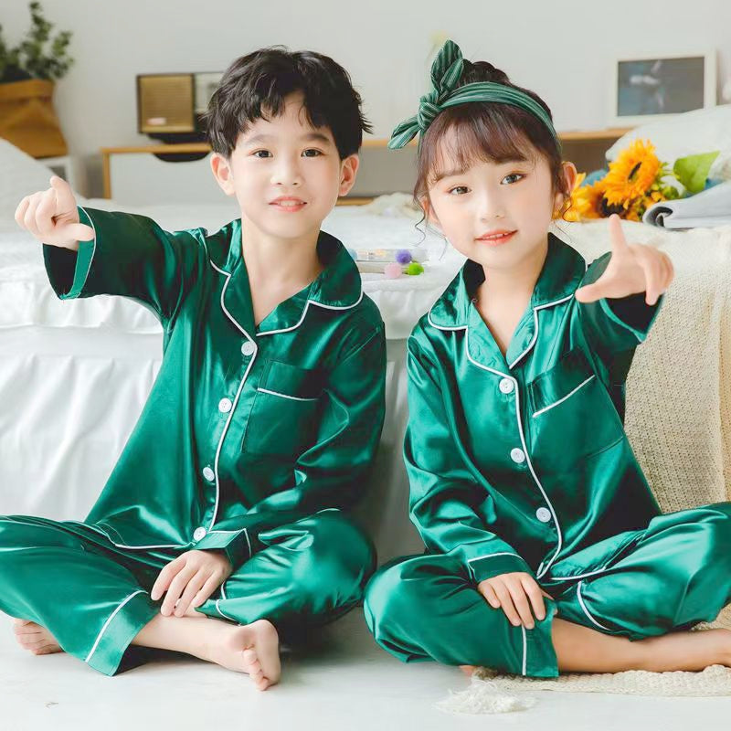 Kids Silk Satin Pajamas Set Long Sleeve Button Down Sleepwear for Boys and Girls