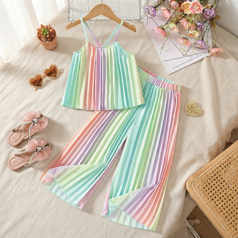 Girls' Summer Rainbow Pleated Two-Piece Set - Sleeveless Top & Wide-Leg Pants