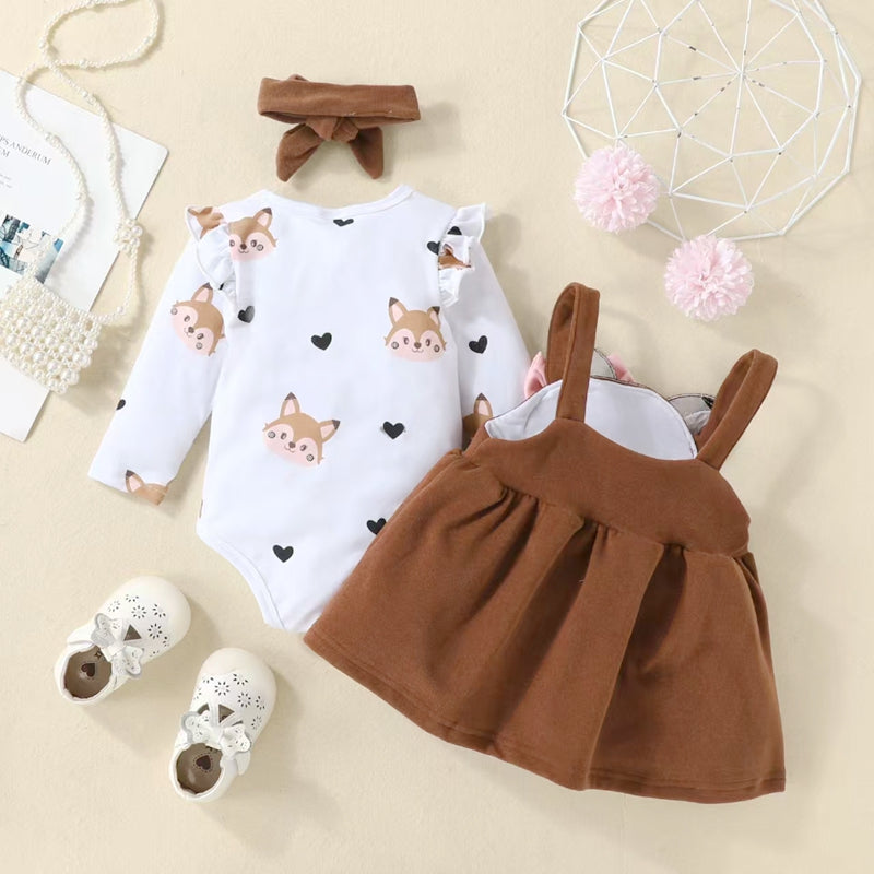 Baby Girl Fox Applique Dress Set Long Sleeve Ruffle Shirt with Headband
