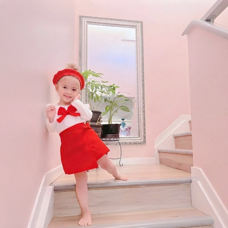 Toddler Baby Girl Red Bow Long Sleeve Top and Skirt Set with Beret