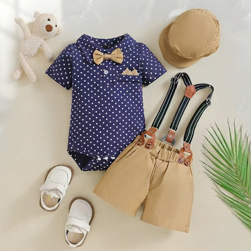 Baby Boy Polka Dot Gentleman Outfit Set – Short Sleeve Romper, Suspenders Shorts & Matching Hat