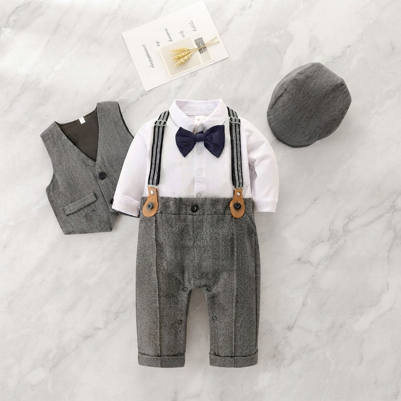Baby Boy Gentleman 3-Piece Romper Set with Vest & Hat