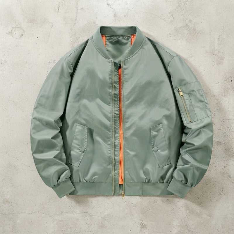 Men's Classic Retro Flight Bomber Jacket - Reversible Orange Lining Windbreaker