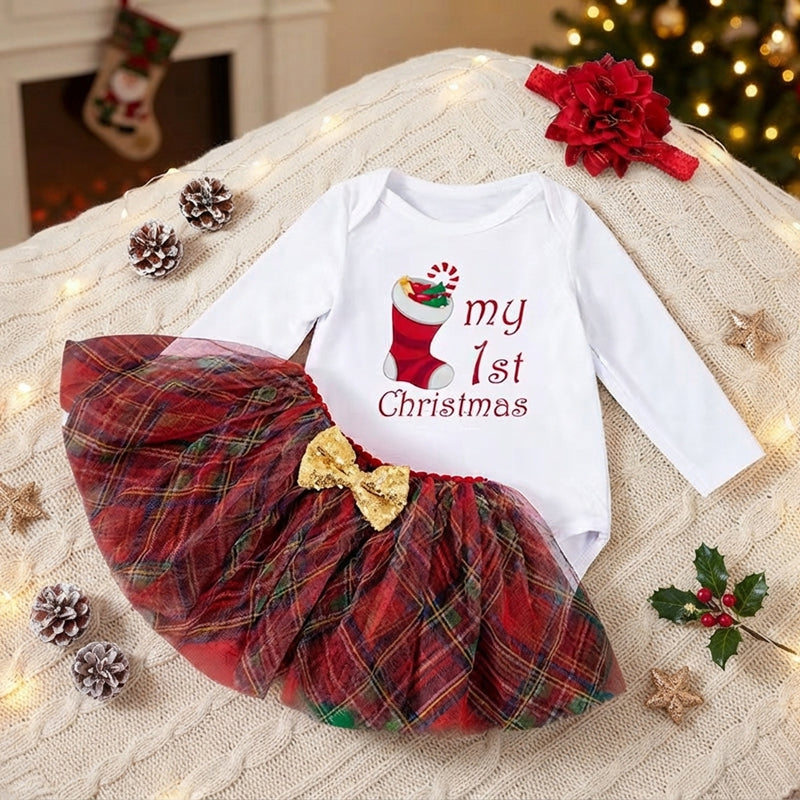 Baby Girl's "My 1st Christmas" Long Sleeve Bodysuit & Starry Tutu Skirt Set with Headband