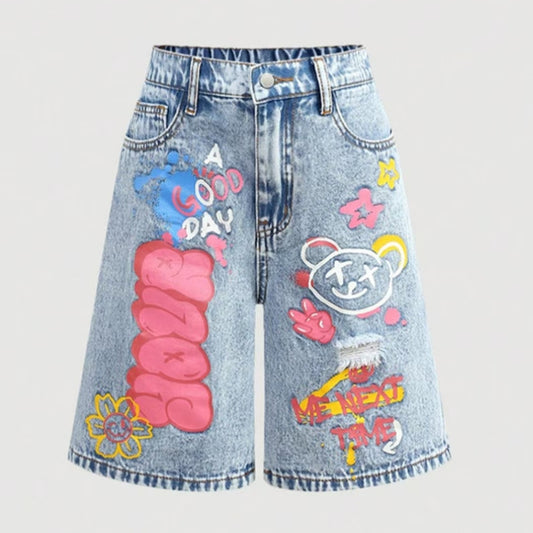 Kids Girls Cartoon Graffiti Denim Shorts Vintage Washed Raw Hem Casual Shorts