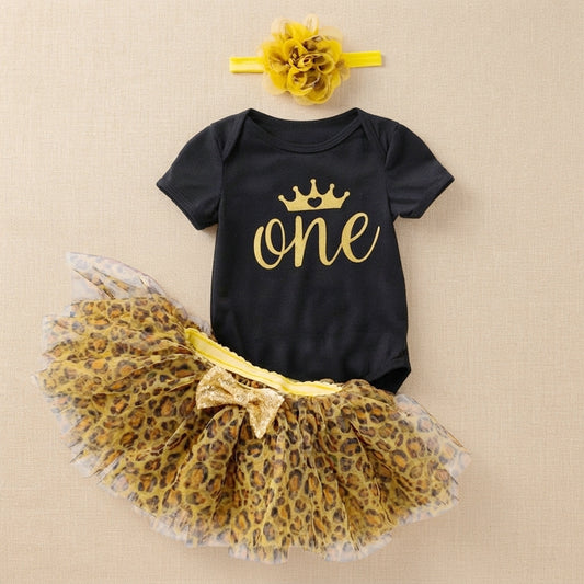 Baby Girl 1st Birthday Outfit - Leopard Tutu Romper & Headband Set
