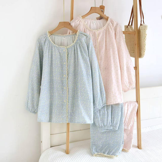100% Cotton Floral Long Sleeve Pajama Set | Women's Lace Trim Button-Down Loungewear Sleepwear
