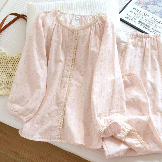 100% Cotton Floral Long Sleeve Pajama Set | Women's Lace Trim Button-Down Loungewear Sleepwear