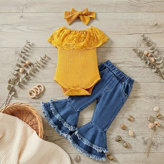 Baby Girl Ruffle Lace Romper & Fringed Flare Jeans Set with Headband(0-24M)