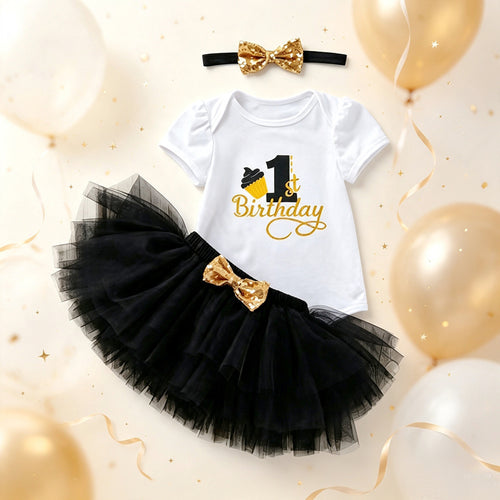 Baby Girl 1st Birthday Outfit Tutu Skirt Set Short Sleeve Onesie Tulle Skirt Headband First Birthday Party Costume