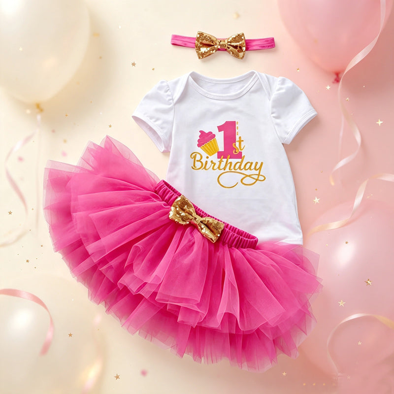 Baby Girl 1st Birthday Outfit Tutu Skirt Set Short Sleeve Onesie Tulle Skirt Headband First Birthday Party Costume