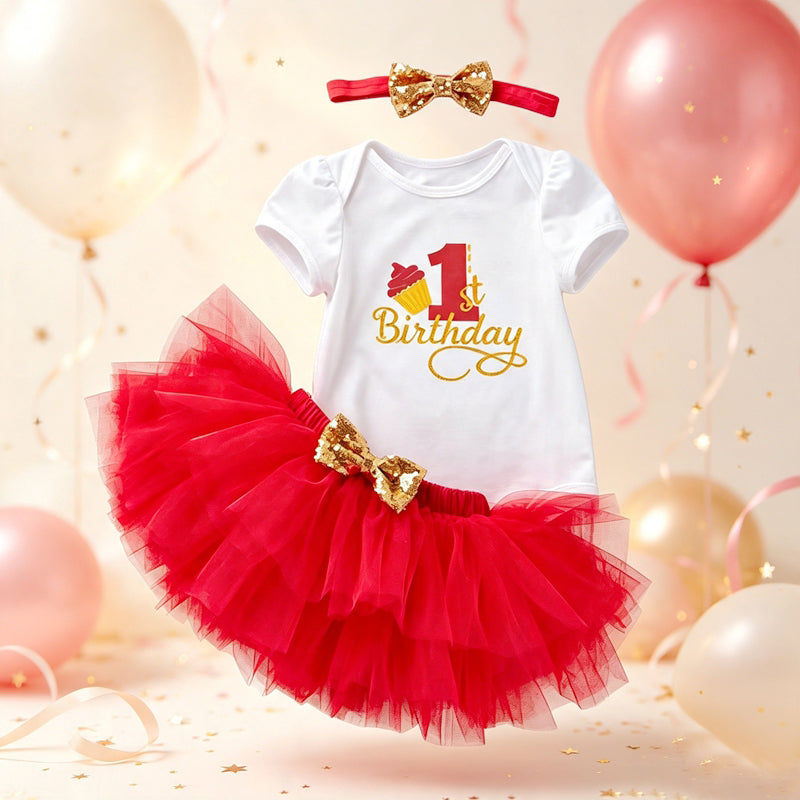 Baby Girl 1st Birthday Outfit Tutu Skirt Set Short Sleeve Onesie Tulle Skirt Headband First Birthday Party Costume