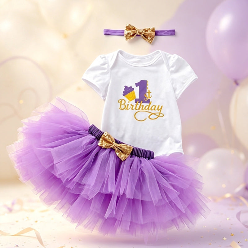 Baby Girl 1st Birthday Outfit Tutu Skirt Set Short Sleeve Onesie Tulle Skirt Headband First Birthday Party Costume