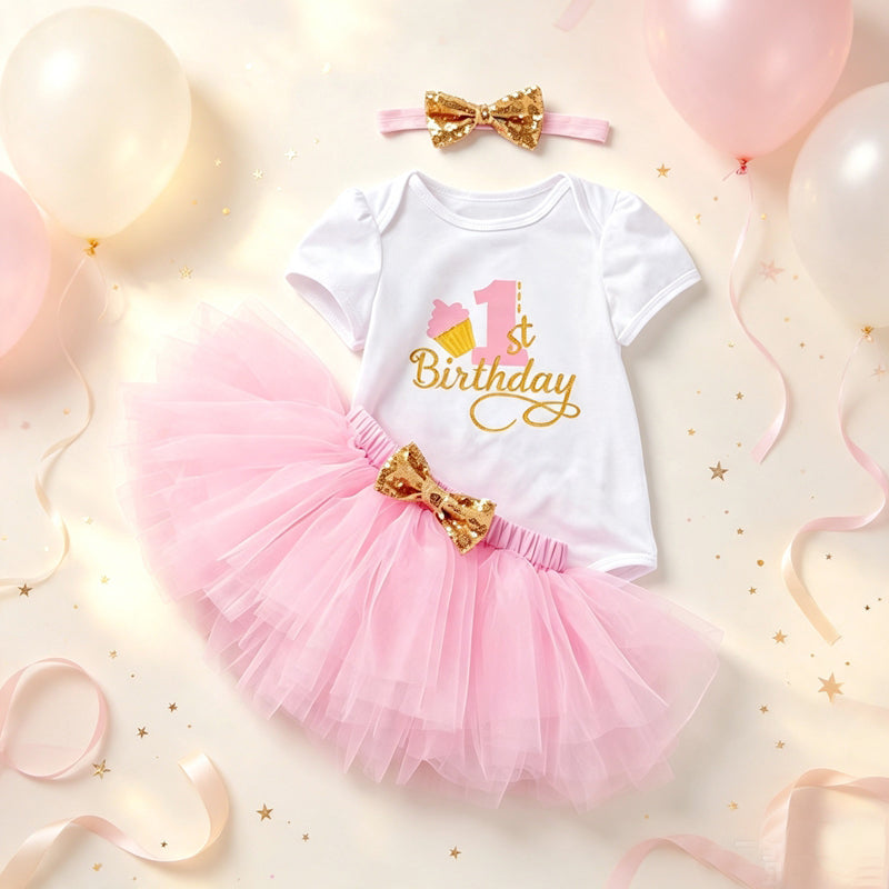 Baby Girl 1st Birthday Outfit Tutu Skirt Set Short Sleeve Onesie Tulle Skirt Headband First Birthday Party Costume