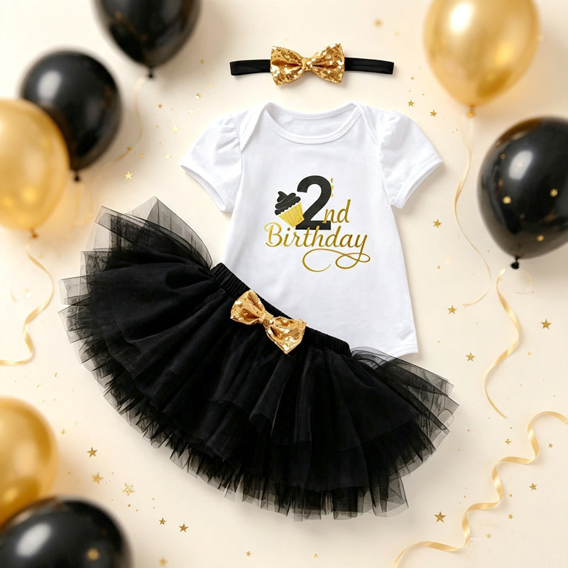 Baby Girl 2nd Birthday Outfit Set Tutu Skirt Onesie Headband Toddler Girl Birthday Party Dress Costume