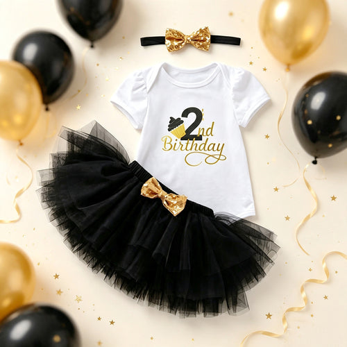 Baby Girl 2nd Birthday Outfit Set Tutu Skirt Onesie Headband Toddler Girl Birthday Party Dress Costume