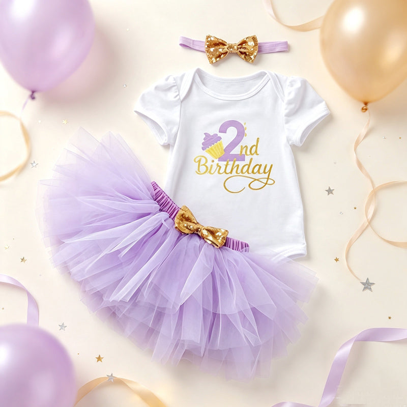 Baby Girl 2nd Birthday Outfit Set Tutu Skirt Onesie Headband Toddler Girl Birthday Party Dress Costume