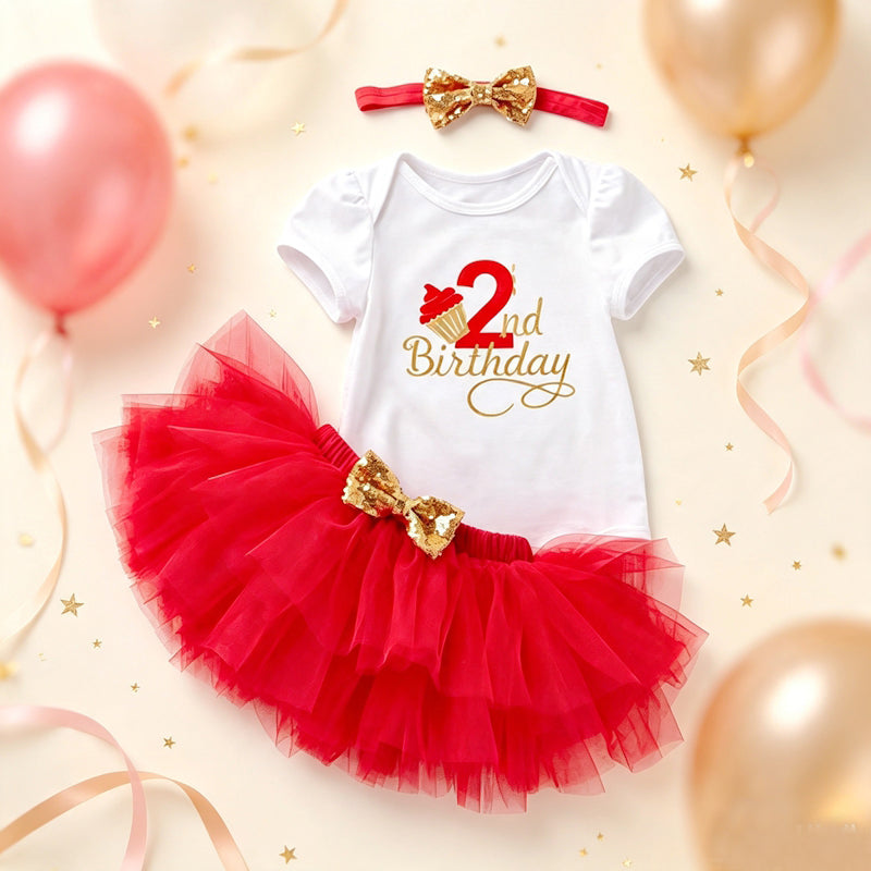 Baby Girl 2nd Birthday Outfit Set Tutu Skirt Onesie Headband Toddler Girl Birthday Party Dress Costume