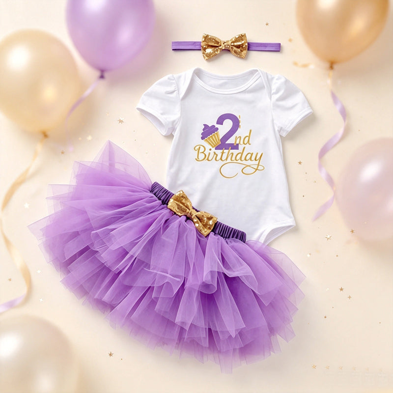 Baby Girl 2nd Birthday Outfit Set Tutu Skirt Onesie Headband Toddler Girl Birthday Party Dress Costume
