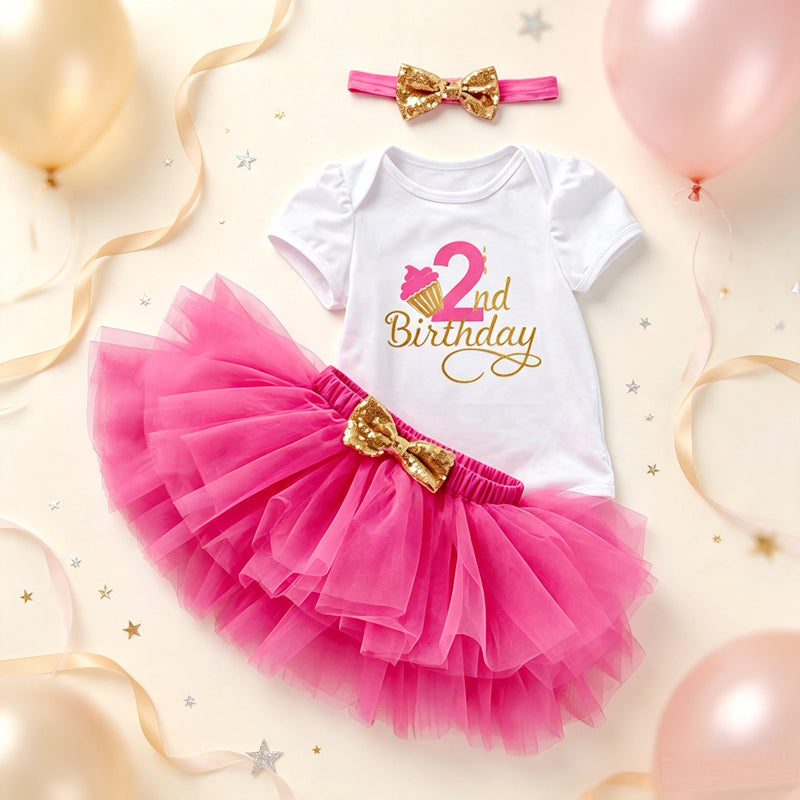 Baby Girl 2nd Birthday Outfit Set Tutu Skirt Onesie Headband Toddler Girl Birthday Party Dress Costume