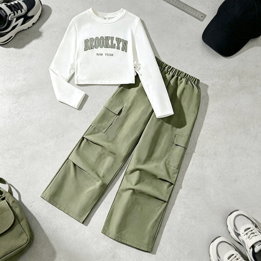 Kids Casual Streetwear Set - Long Sleeve Brooklyn Letter Print Top & Cargo Pants 2-Piece Outfit