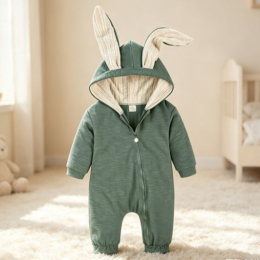 Baby Bunny Ear Hooded Romper - Long Sleeve Zippered Cotton Jumpsuit