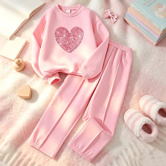 Girls Pink Sequin Heart Sweatshirt & Track Pants Set - Cozy 2-Piece Casual Lounge Outfit