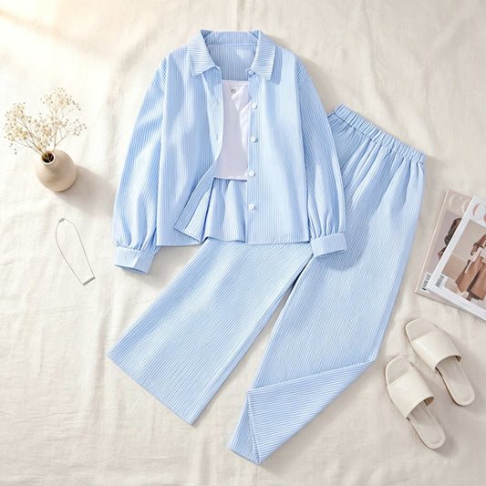 Girls Ribbed 2-Piece Lounge Set - Button-Down Shirt & Wide-Leg Pants