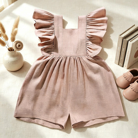 Baby Girl Ruffled Flutter Strap Linen Romper - Cute Summer Play-Suit