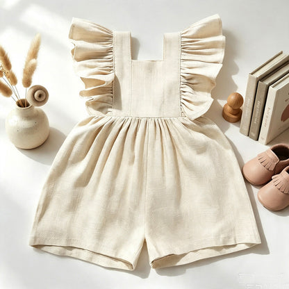 Baby Girl Ruffled Flutter Strap Linen Romper - Cute Summer Play-Suit