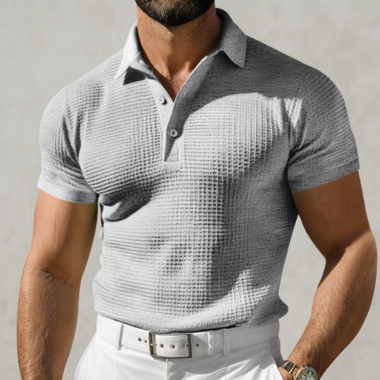 Men's Casual Waffle Knit Short Sleeve Polo Shirt Slim Fit Vintage Lapel Tee