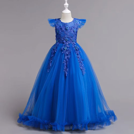 Elegant Royal Blue Flower Girl Dress - Ruffle Sleeve Lace Applique Tulle Ball Gown