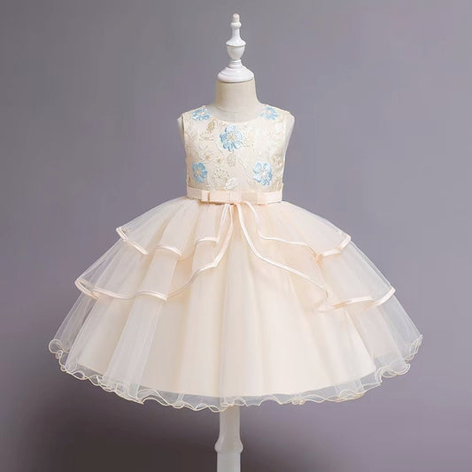 Champagne & Blue Flower Girl Dress - Sleeveless Layered Tulle Party Dress