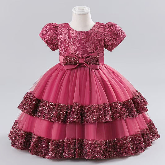 Baby Girl Sparkly Sequin Tiered Dress & Bow Set | Toddler Party Pageant & Birthday Gown