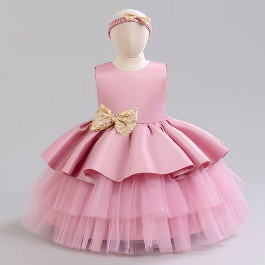 Baby Girl Sequin Bow Satin & Tulle Party Dress | Infant 1st Birthday & Christening Gown with Headband