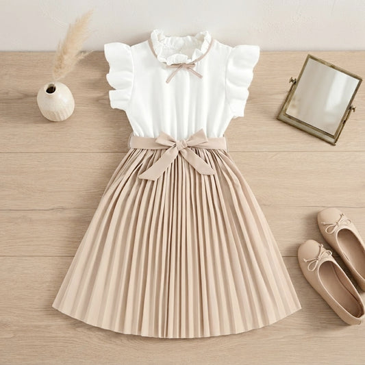 Girls Pleated Midi Dress - Ruffle Flutter Sleeve & Bow Waist Party Dress