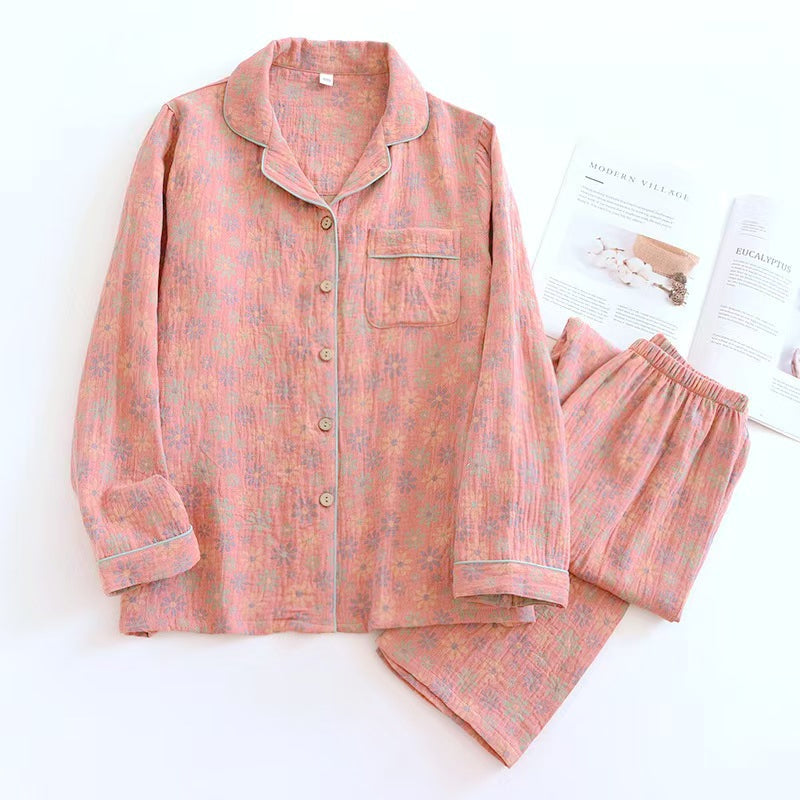100% Cotton Floral Print Long Sleeve Pajama Set | Women's Vintage Button-Down Loungewear Sleepwear