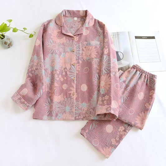 100% Cotton Floral Print Long Sleeve Pajama Set | Women's Vintage Button-Down Loungewear Sleepwear