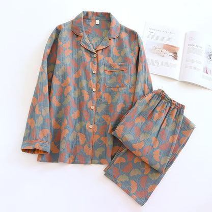 100% Cotton Floral Print Long Sleeve Pajama Set | Women's Vintage Button-Down Loungewear Sleepwear