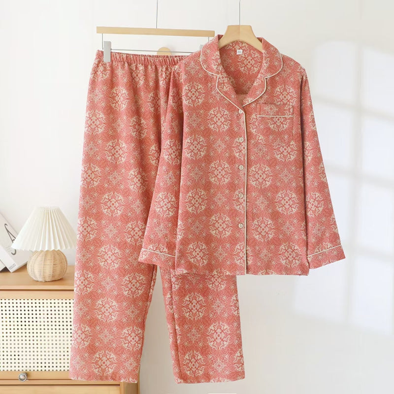 100% Cotton Floral Print Long Sleeve Pajama Set | Women's Vintage Button-Down Loungewear Sleepwear