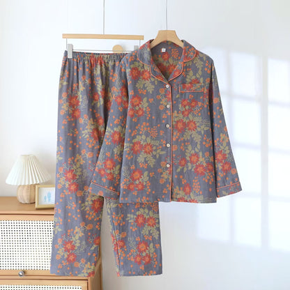 100% Cotton Floral Print Long Sleeve Pajama Set | Women's Vintage Button-Down Loungewear Sleepwear