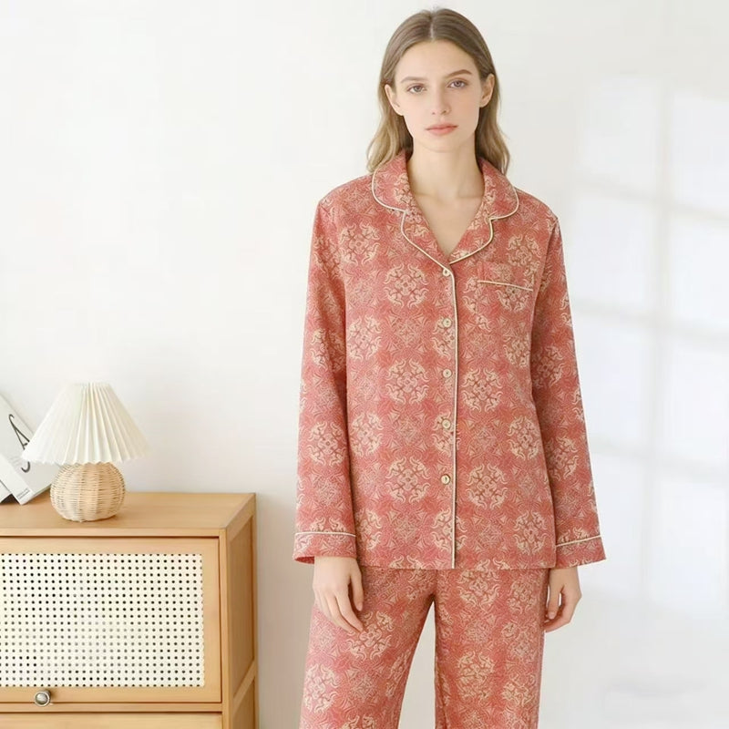 100% Cotton Floral Print Long Sleeve Pajama Set | Women's Vintage Button-Down Loungewear Sleepwear