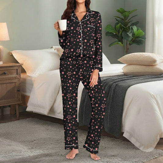 Women's Modal Long Sleeve Pajama Set - Black Pink Star Print Sleepwear