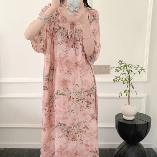 Women's Floral Print Rayon Long Nightgown – Vintage V-Neck Tie Soft Loungewear Dress